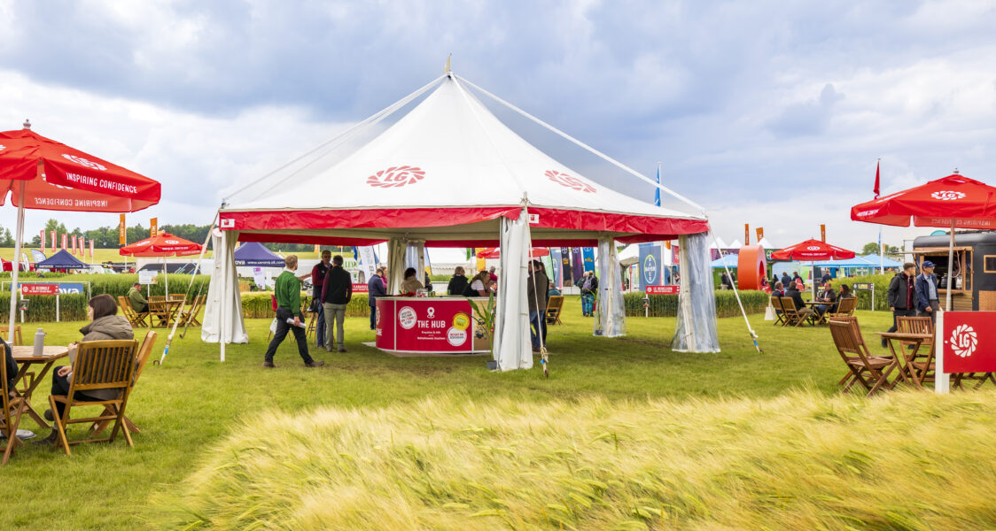 Hexagon Piazza pagodas used for exhibitor unit at Cereals Exhibition. Supplied and installed by GL events UK