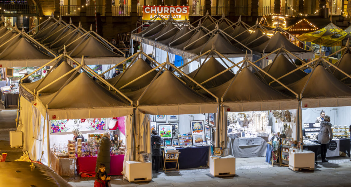 Piazza pagodas used for retail units at The Piece Hall Christmas market, Halifax. Supplied and installed by GL events UK