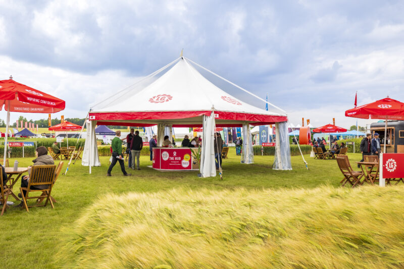Hexagon Piazza pagodas used for exhibitor unit at Cereals Exhibition. Supplied and installed by GL events UK