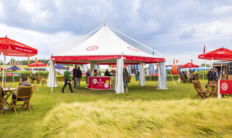 Hexagon Piazza pagodas used for exhibitor unit at Cereals Exhibition. Supplied and installed by GL events UK