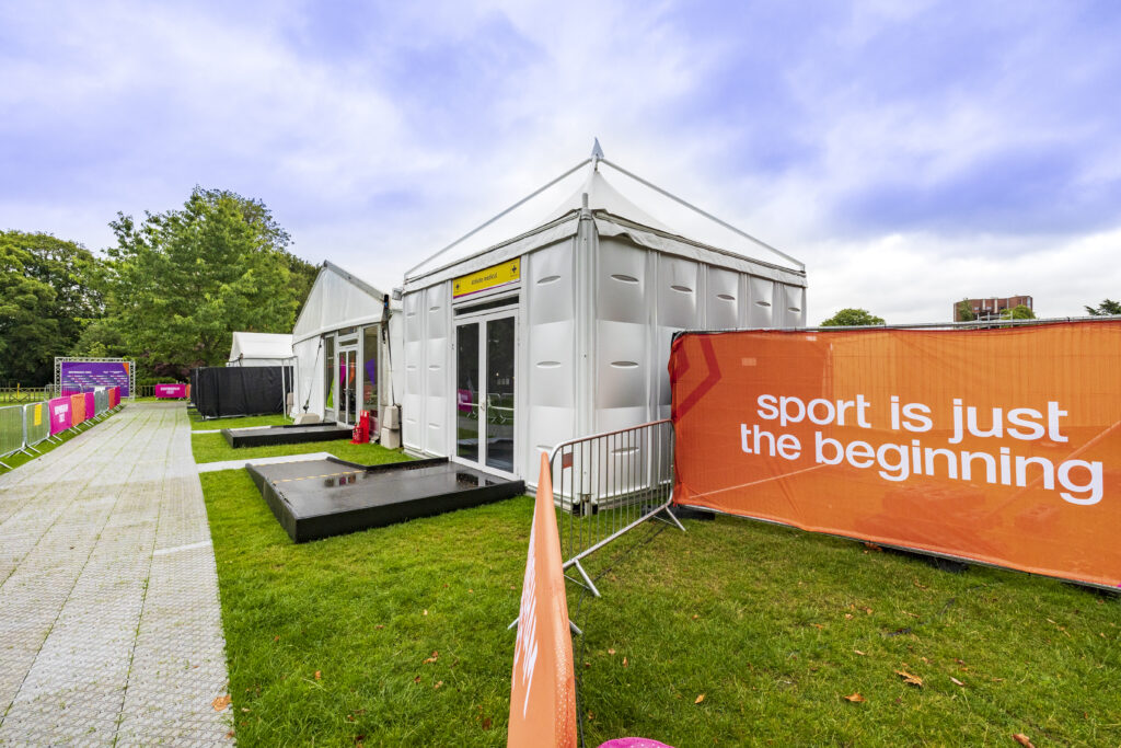 Hard sided Ultimate pagoda used for the athletes medical area at Birmingham 2022 Commonwealth Games supplied and installed by GL events UK acting as Official Overlay Partner