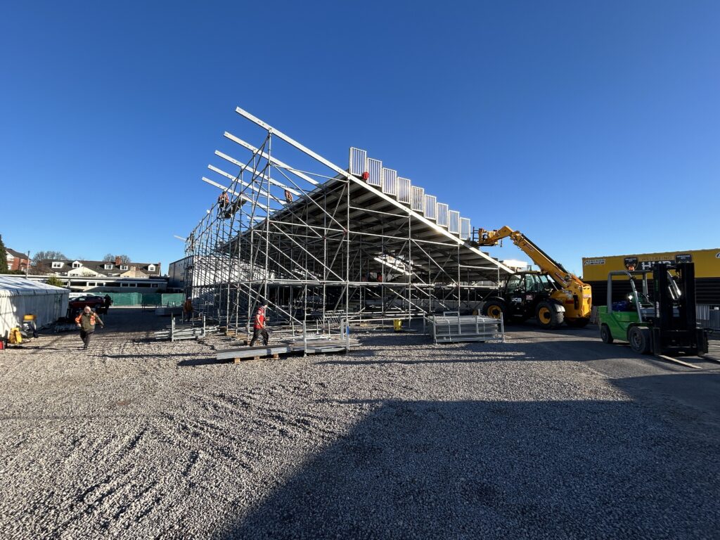Work by GL events UK in progress, to install temporary seating at Newport County's Rodney Parade ground