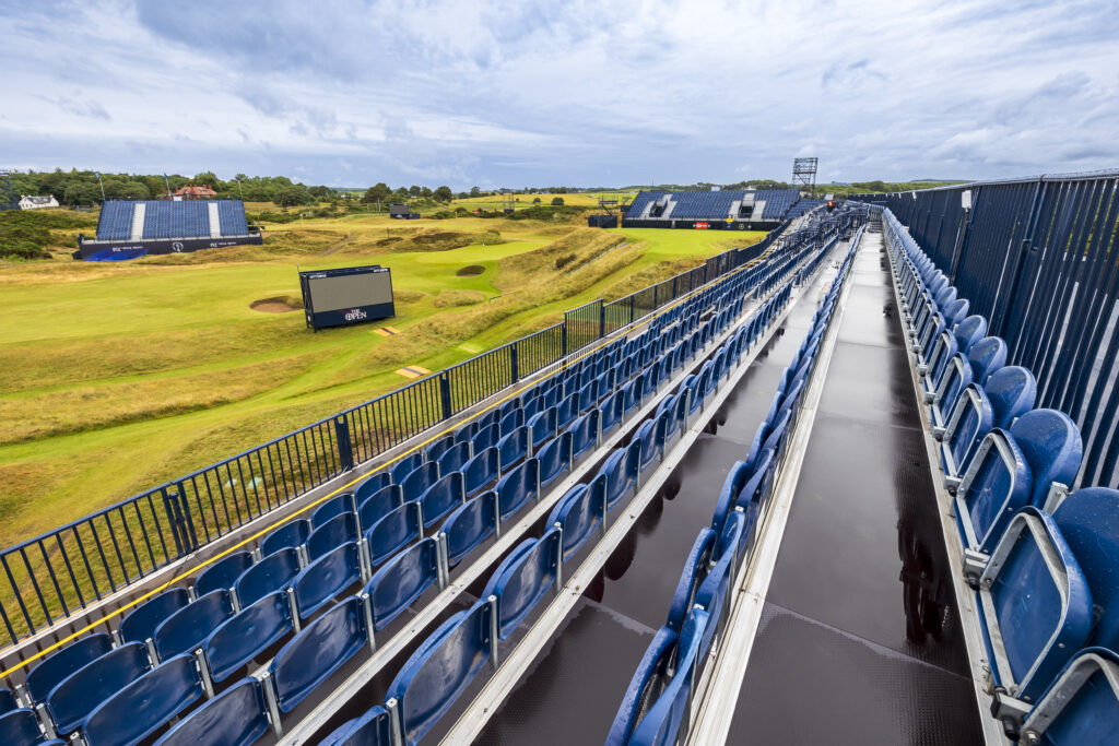 Grandstand seating at The Postage Stamp, Royal Troon, for the R&A Open Championship. Designed and delivered by GL events UK.