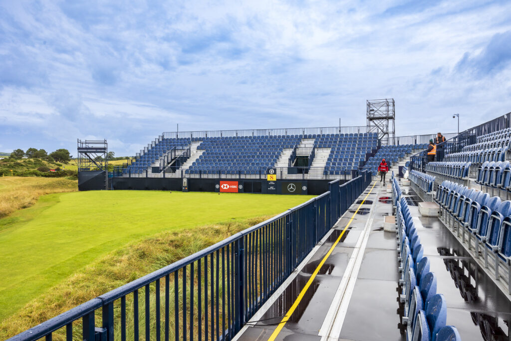 WireCam towers and grandstand seating at Royal Troon, for the R&A Open Championship. Designed and delivered by GL events UK.
