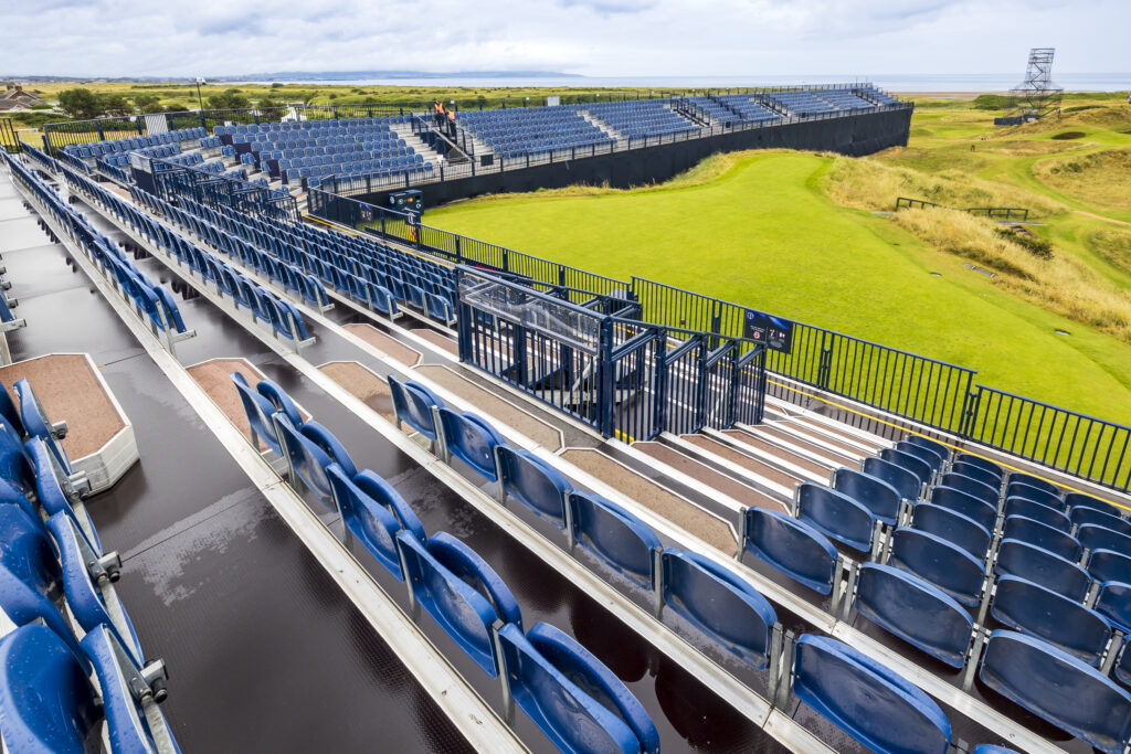 Grandstand seating at The Postage Stamp, Royal Troon, for the R&A Open Championship. Designed and delivered by GL events UK.