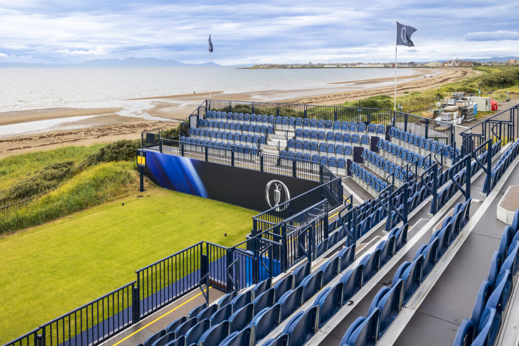 Temporary tiered seating at the 1st tee, Royal Troon. Horseshoe grandstand designed and delivered by GL events UK