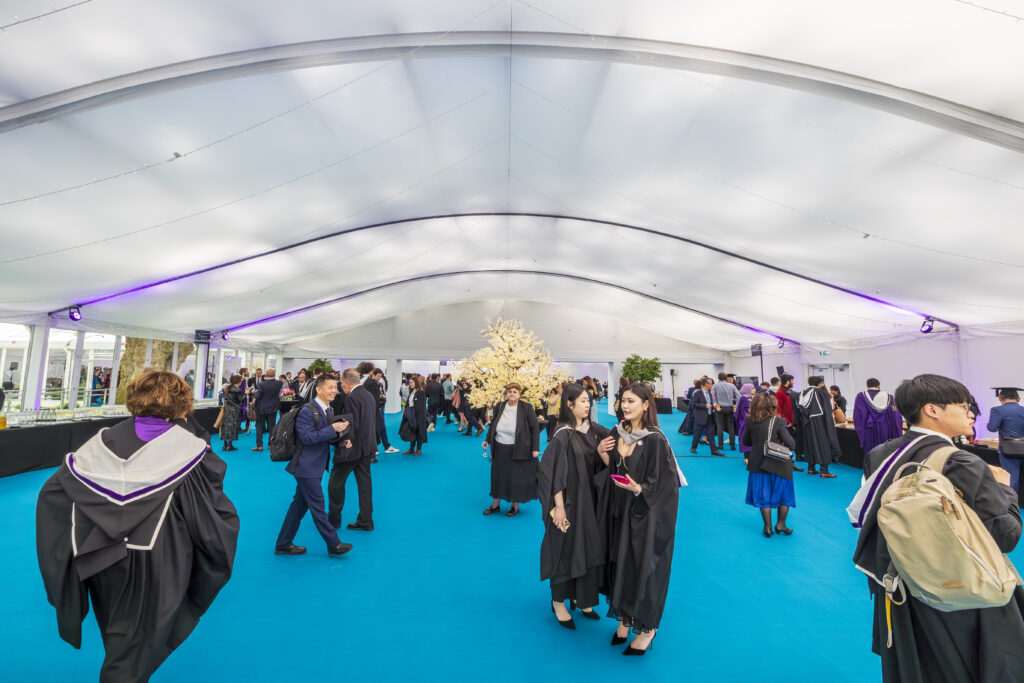 Imperial College London Graduation Day 2024, single deck absolute structures, hard sided with glazing and access doors, cassette flooring throughout.  Also back of house kitchen structure.