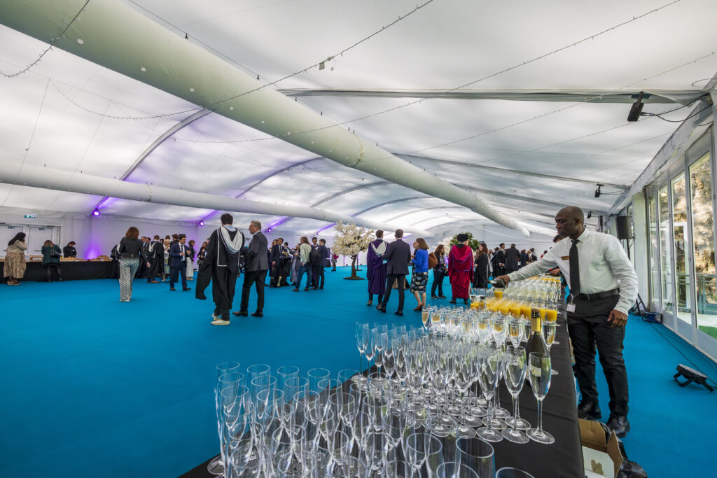 Imperial College London Graduation Day 2024, single deck absolute structures, hard sided with glazing and access doors, cassette flooring throughout.  Also back of house kitchen structure.