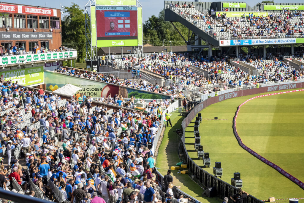Seating and score board at Lancashire County Cricket Club