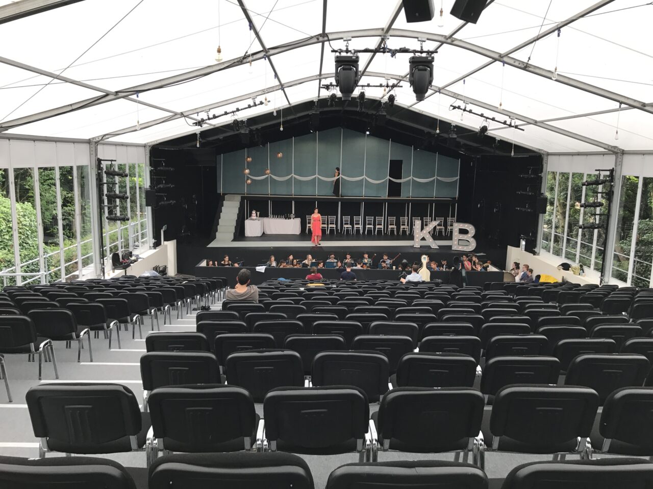 Temporary stage, auditorium and seating at West Green Opera, supplied by GL events UK