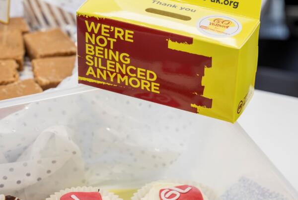 GL events branded cupcakes next to endometriosis donation box